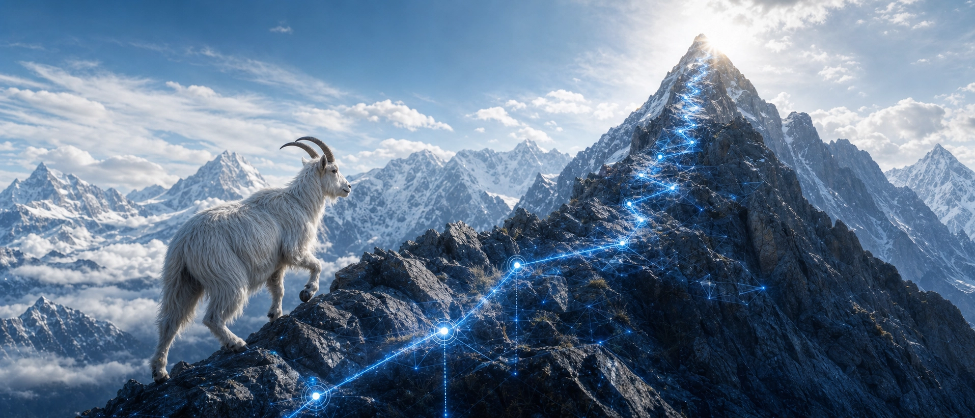 Ziege in Berglandschaft als Hero-Bild für News und Traktion